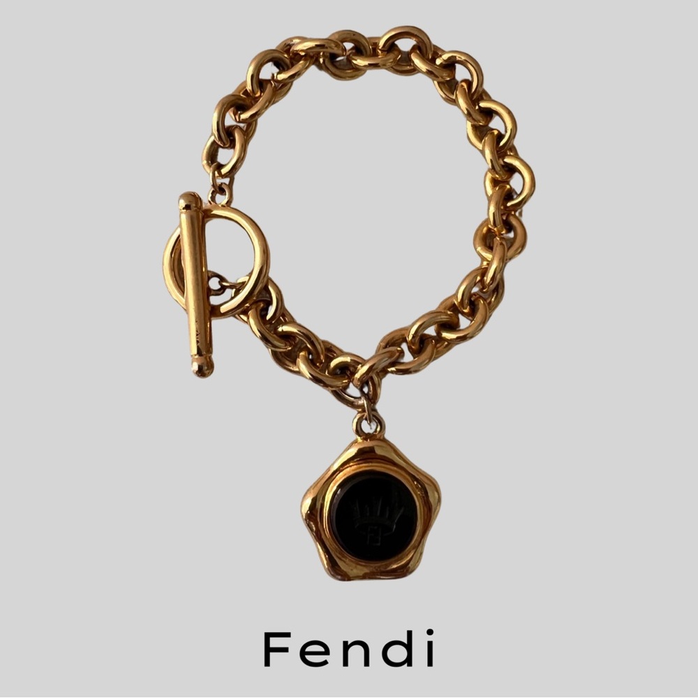 AUTHENTIC FENDI GOLDTONE CHARM BRACELET WITH BLACK ENAMEL CROWN LOGO CHARM - 6.5